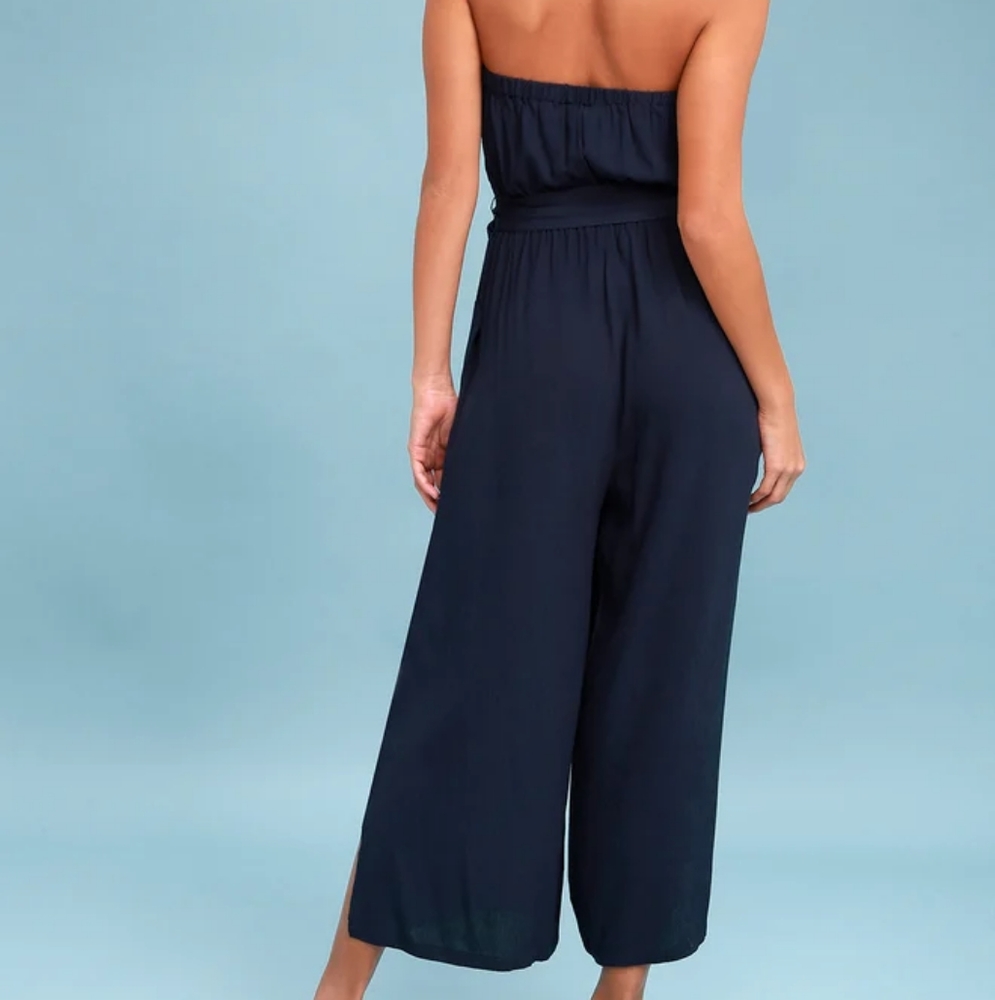Lulu's Darleen Navy Blue Strapless Culotte Jumpsuit - Picture 2 of 6